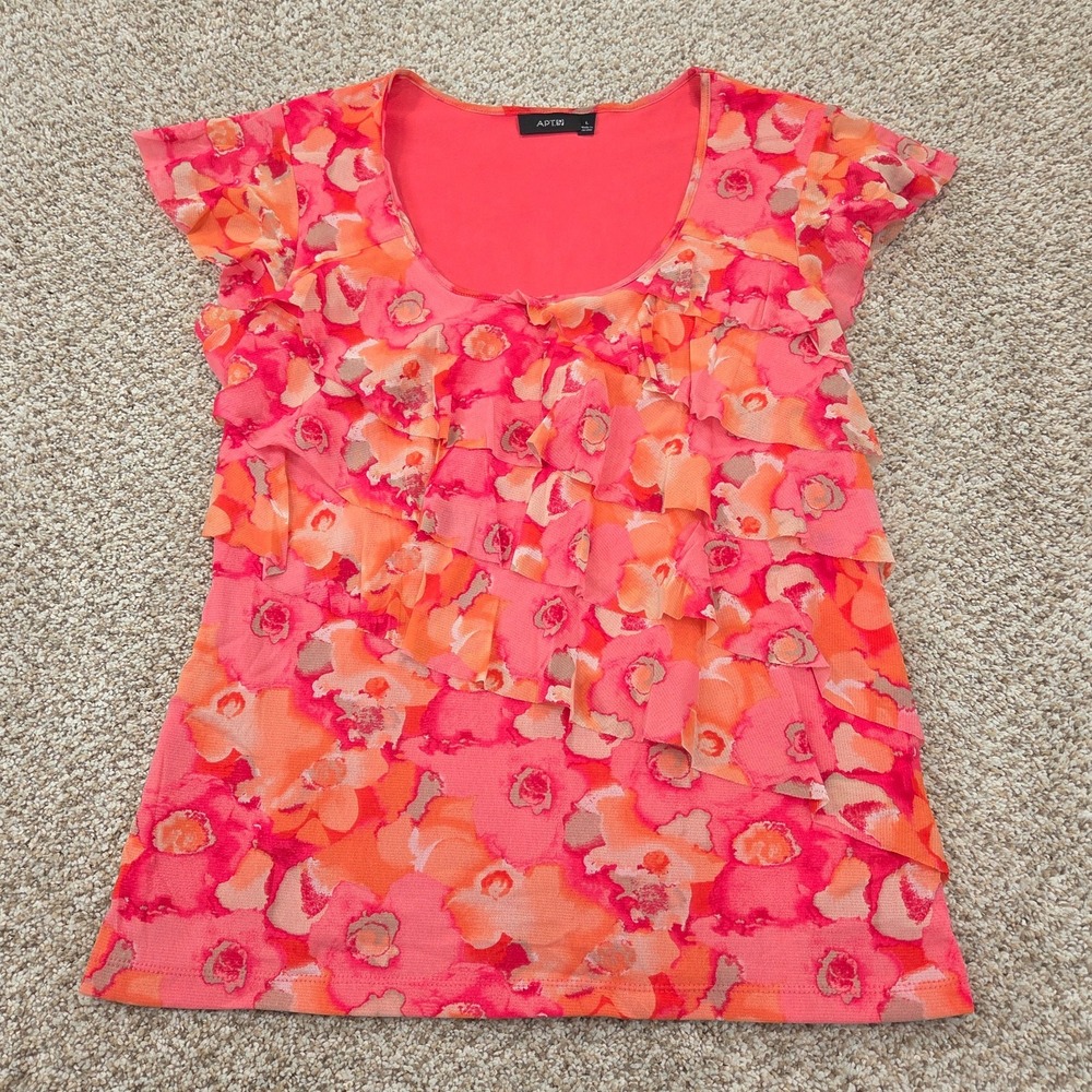 Apt. 9 Scoop Neck‎ Ruffle Mesh Blouse Women's L Pink Floral Stretch Lined Career